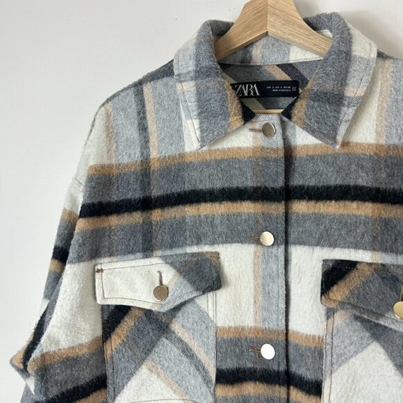 ZARA Beige Plaid Button Down Shacket L - Picture 7 of 7